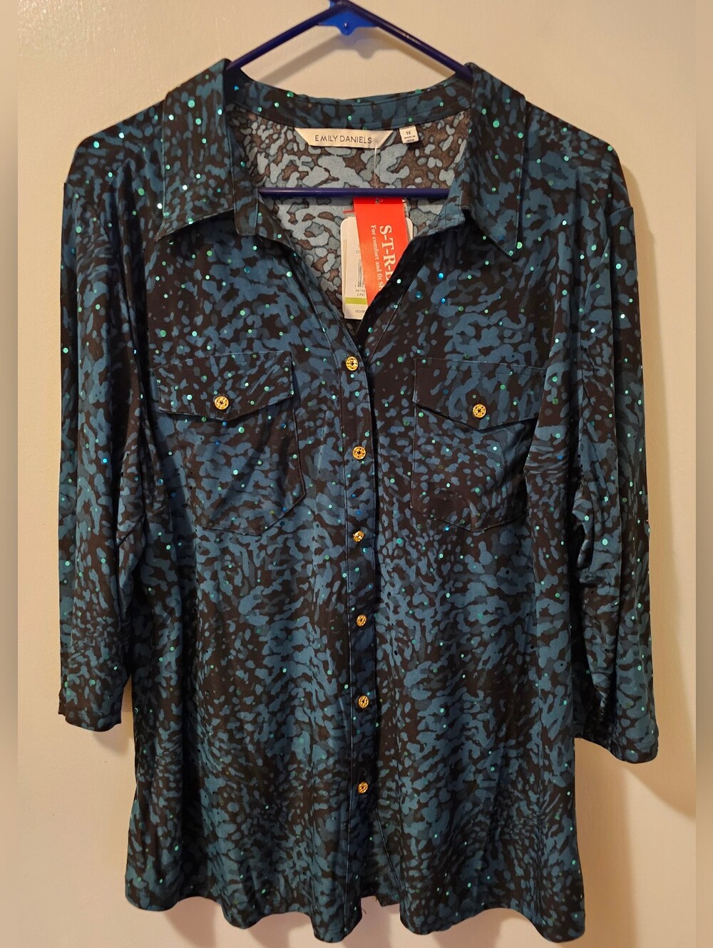 Emily Daniels Animal Print Sequin Top Blouse Green 3/4 Sleeve Womens Size 1X NWT